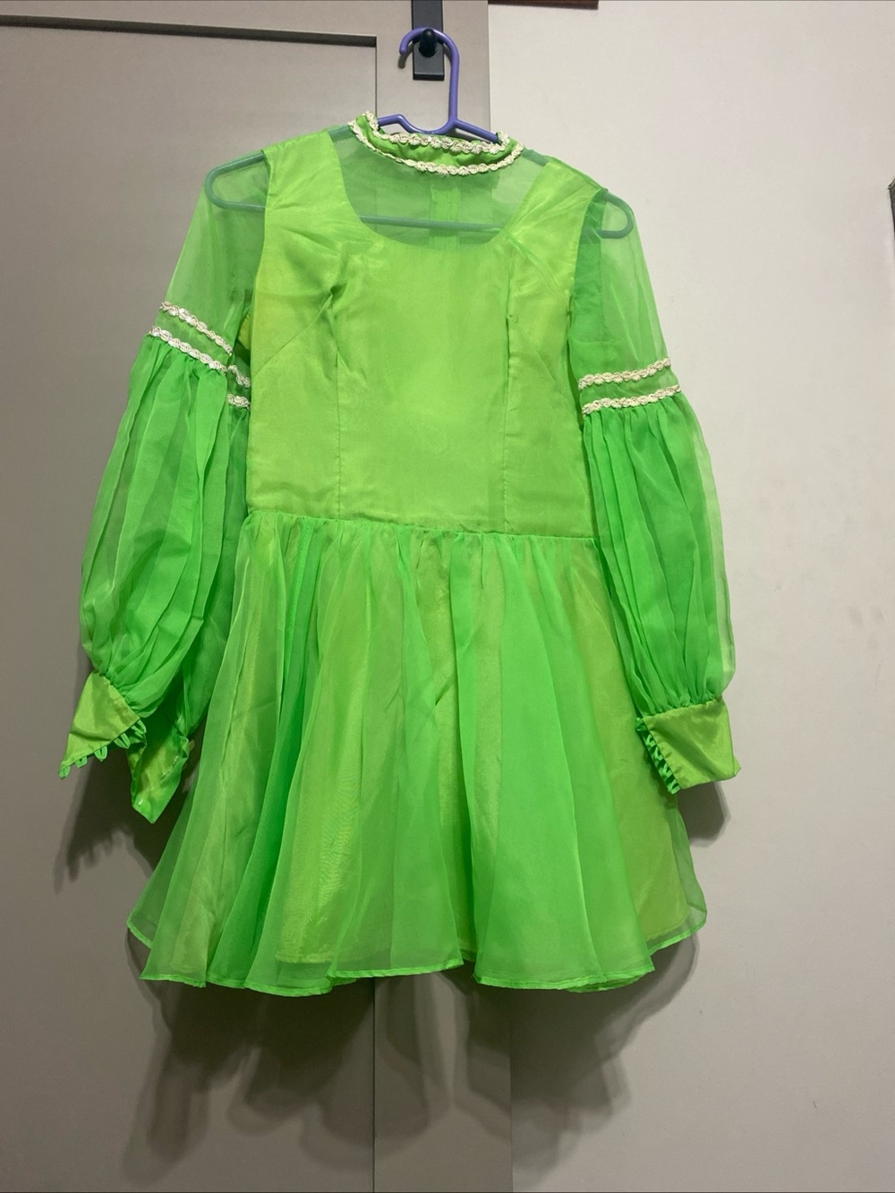 Vintage 70s Handmade Lime Green Organza Mini Dress & Matching Belt Set XS S